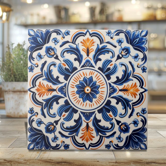 De Cerâmica Azulejo Mediterrâneo com Azul e Laranja (Mediterranean Pottery Style Ceramic Tile - Sicilian heritage)