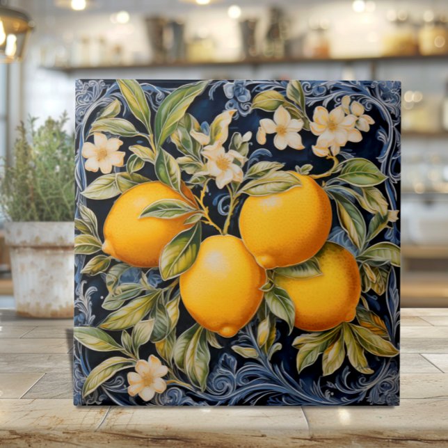 De Cerâmica Azulejo Naval Limões Botânicos (Botanical Italian Lemons on Navy - Ceramic Tile with filigree and blossoms)