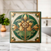 Azulejo Oriental Floral Ornament - Verde e Dourado