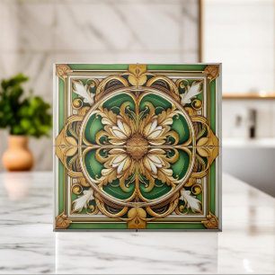 De Cerâmica Azulejo Oriental Floral Ornament - Verde e Dourado