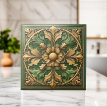 Azulejo Oriental Floral Ornament - Verde e Dourado