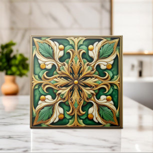 De Cerâmica Azulejo Oriental Floral Ornament - Verde e Dourado