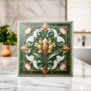 De Cerâmica Azulejo Oriental Floral Ornament - Verde e Dourado