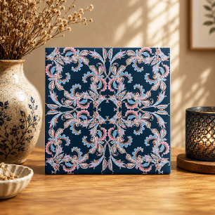 De Cerâmica Azulejo Ornamentado com Filigrana Floral em Azul M