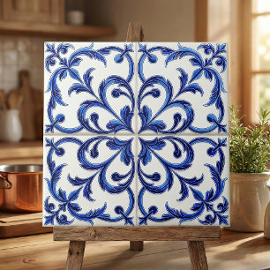 De Cerâmica Azulejo Português Azul e Branco Floral Scroll