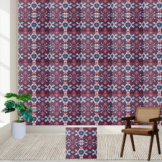 De Cerâmica Azulejo Tribal Vermelho Branco e Azul Geométrico (Red White and Blue Geometric Tribal Tile)
