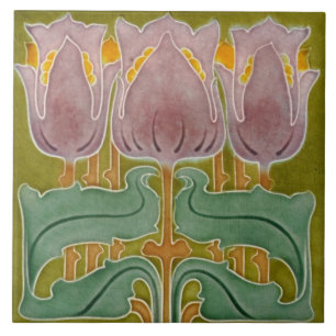 De Cerâmica Azulejo - Tulipas Art Nouveau com Rachaduras