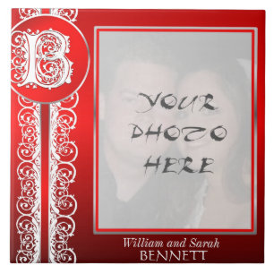 De Cerâmica B Monograma "White Lace on Red" com Foto - Azulejo