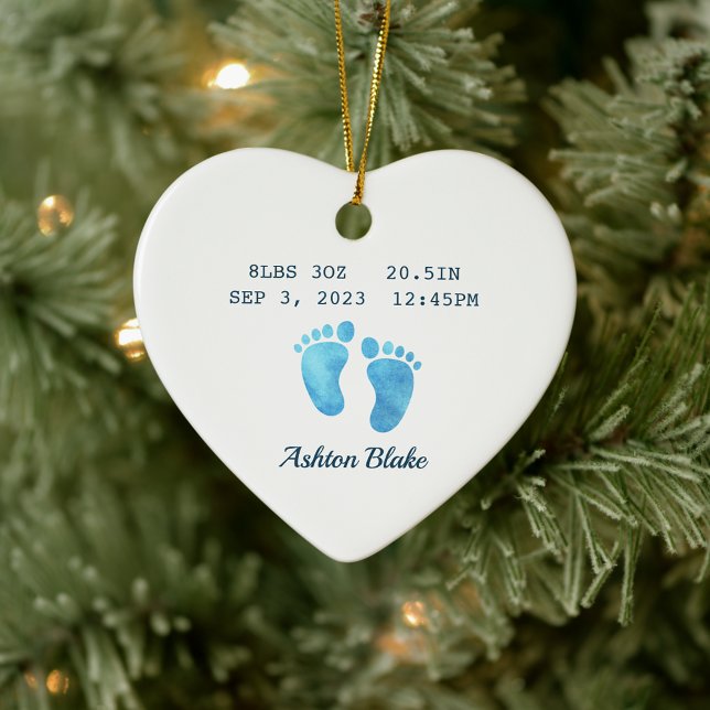 De Cerâmica Baby Boy Keepsasasaem Recém-Nascidos Ornamento Car (Baby Boy Keepsake Newborn Stats Heart Ornament Watercolor Footprints)