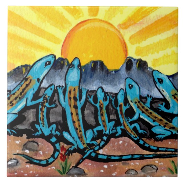 De Cerâmica Blue Lizards & Sunrise, sudoeste do Azulejo Trivet (Frente)