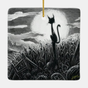 De Cerâmica Boo Gatinho no Ornamento Cerâmico à Lua