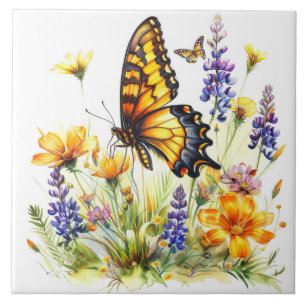 De Cerâmica Borboletas e flores silvestres Azulejo cerâmico
