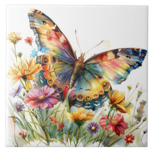 De Cerâmica Borboletas e flores silvestres Azulejo cerâmico