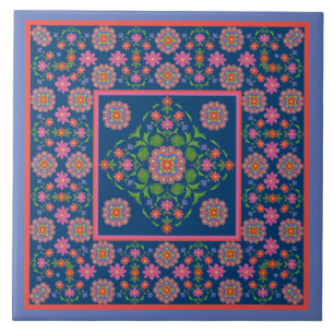 De Cerâmica Borda Padrão Floral Rangoli, Azulejo Cerâmico Azul