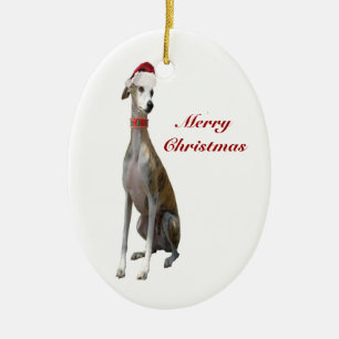 De Cerâmica Cão do galgo do Natal no ornamento do chapéu do