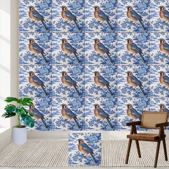 De Cerâmica Chinoiserie Bird e Floral Azulejo (Chinoiserie Bird and Floral Tile)
