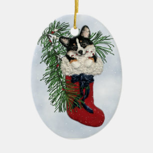 De Cerâmica Corgi da Tri Cor no ornamento da meia do Natal