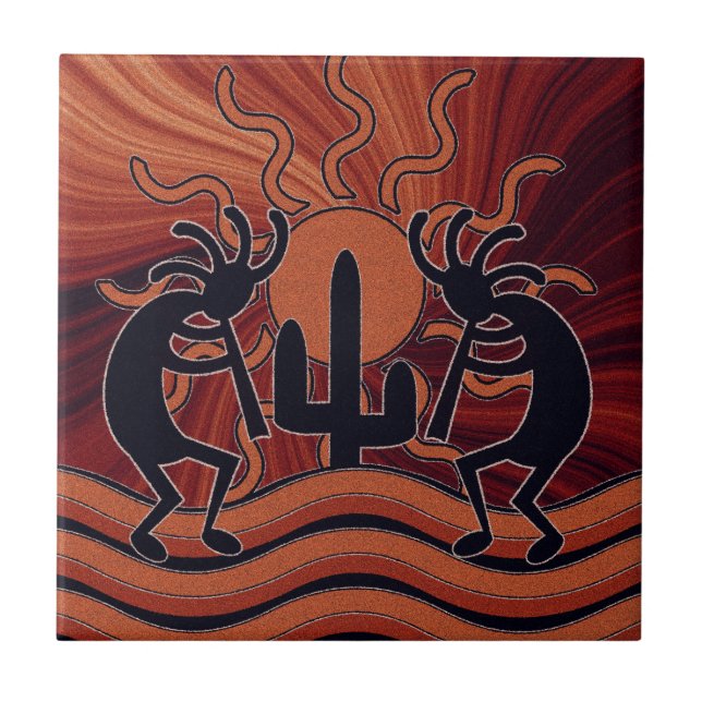 De Cerâmica Desert Sun Cactus Southwest Kokopelli Azulejo cerâ (Frente)