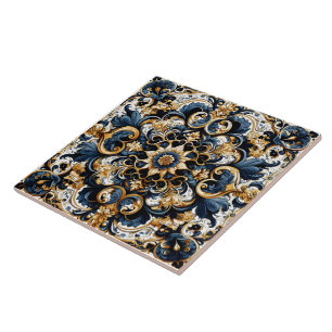 De Cerâmica Design Azulejo Azul e Dourado Floral