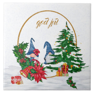 De Cerâmica Deus Jul Gnomos Suecos Casal Azul Azulejo Cerâmic