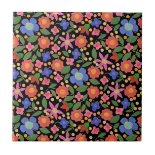 De Cerâmica Estilo da arte popular floral no azulejo preto