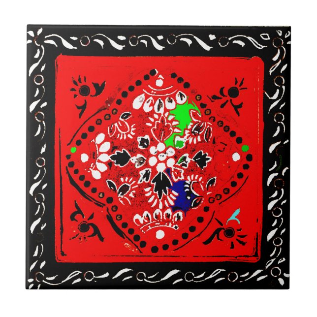De Cerâmica Estilo indiano azulejo floral vermelho/preto (Frente)