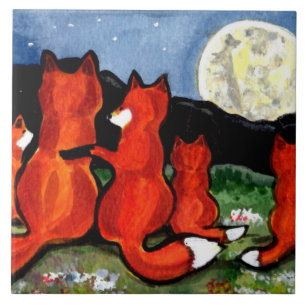 De Cerâmica Família Fox Assistindo Trivet Azulejo Azul Lua Es