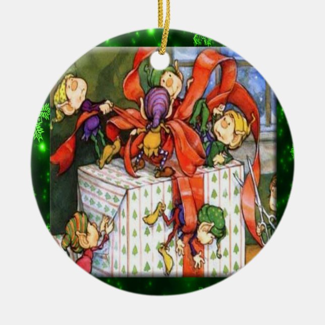 De Cerâmica Feliz Elves Molhando Ornamento Presente (Frente)