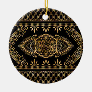 De Cerâmica Flor da Vida - Ornamento Preto e Dourado