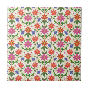 De Cerâmica Flores e Pontos Coloridos em Ecru, Azulejo