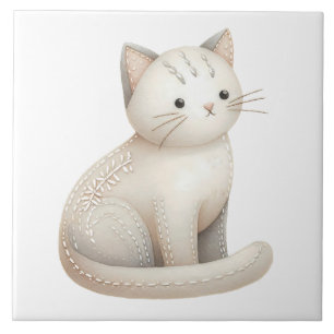 De Cerâmica Gato Boho Azulejo Cerâmico Bordado Bege Kitty