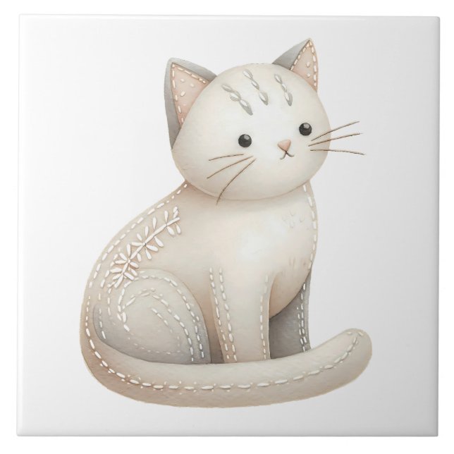 De Cerâmica Gato Boho Azulejo Cerâmico Bordado Bege Kitty (Frente)