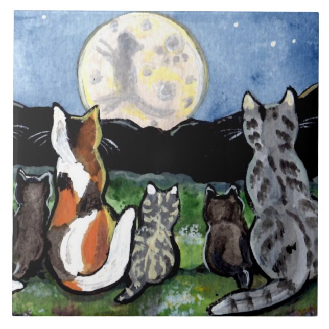 De Cerâmica Gato e Gatinhos Vendo a Lua 6", Azulejo Trivet (Frente)