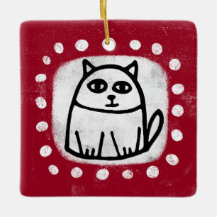 De Cerâmica Gato Fofo Em Ornamento Vermelho