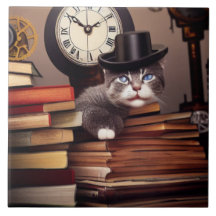 Gato-galo com livros Azulejo cerâmico