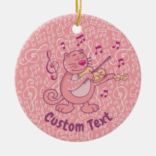 De Cerâmica Gato Rosa com Ornamento Cerâmico Violino
