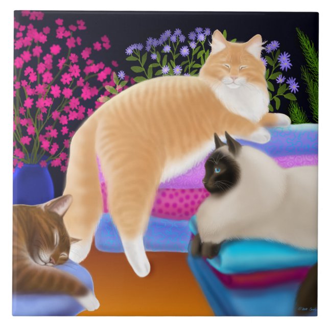 De Cerâmica Gatos que Lounging no azulejo limpo da lavanderia (Frente)