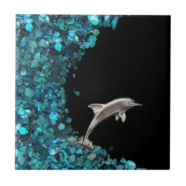 De Cerâmica Golfinho no azulejo azul da onda (Frente)