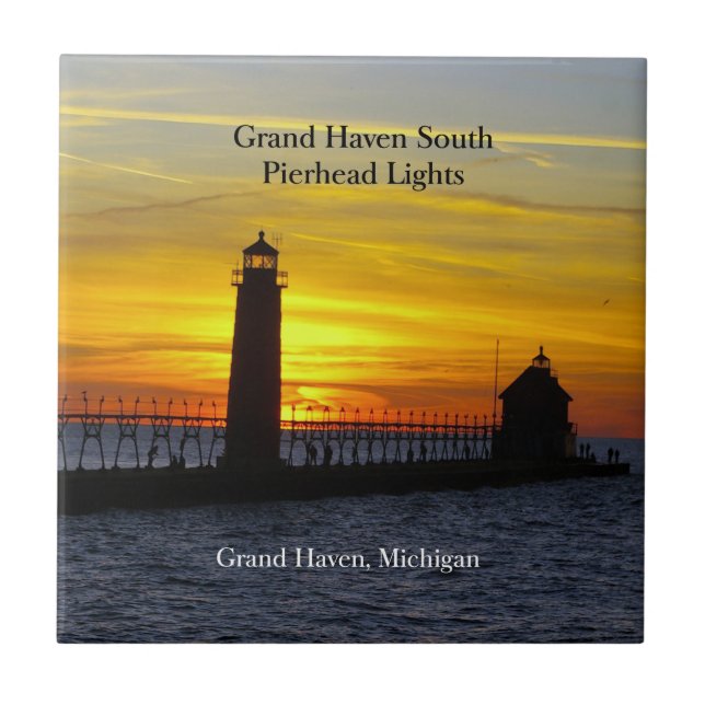 De Cerâmica Grand Haven South Pierhead Lights sunset azulejo (Frente)