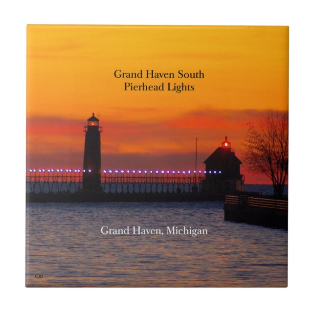 De Cerâmica Grand Haven South Pierhead Lights sunset azulejo (Frente)