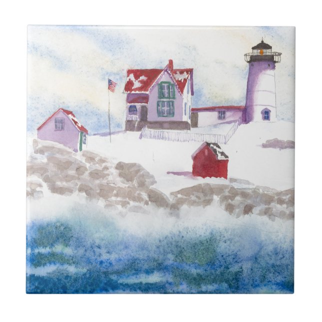De Cerâmica Inverno em Nubble LIghthouse no Azulejo Maine Cerâ (Frente)