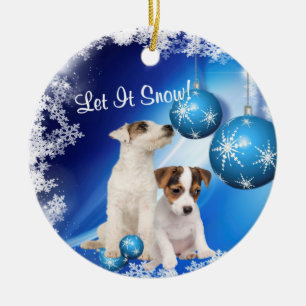 De Cerâmica Jack Russell deixou-o nevar ornamento dos cartões