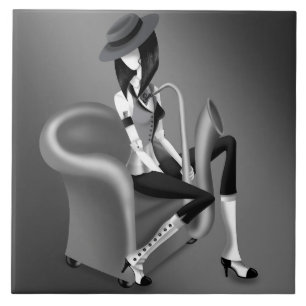 De Cerâmica Lady Saxofonista - Azulejo Decorativo Inspirado no