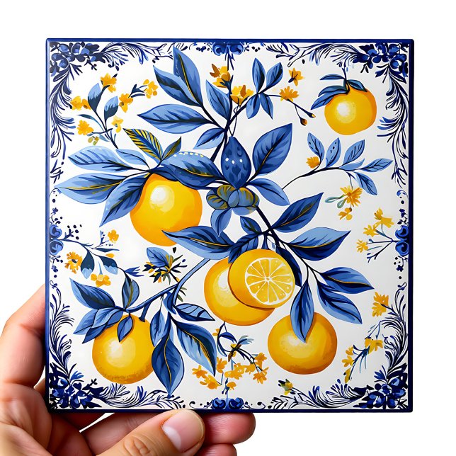 De Cerâmica 🍋 Lemon Azulejo com elementos azuis (🍋 Lemon Azulejo with blue elements Ceramic Tile)