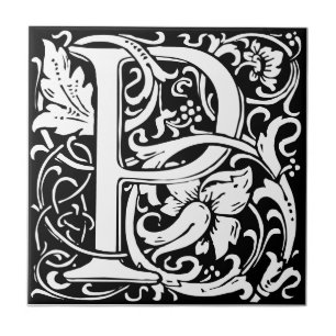 De Cerâmica Letra P art nouveau Azulejo preto e branco