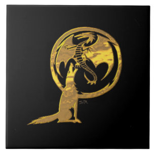 De Cerâmica Lobo e Dragão - Grande azulejo preto Dourado