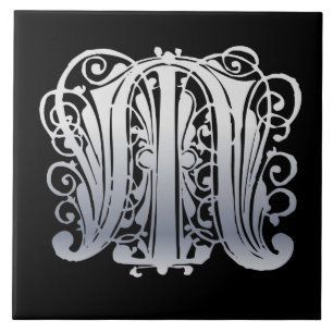 De Cerâmica M Monogramas Silver Lace em Azulejo Preto Cerâmic