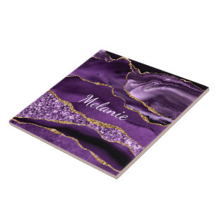 De Cerâmica Marble Dourado Roxo Nome Personalizado Azulejo Cer