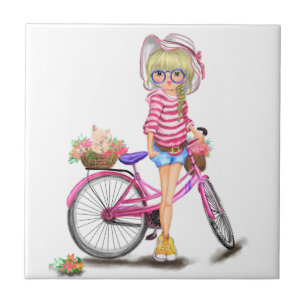 De Cerâmica Menina Loira Azulejo Bicicleta Rosa
