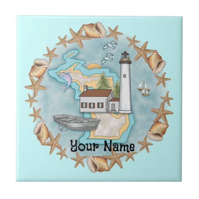 De Cerâmica Michigan Shells Lighthouse Azulejo (Frente)